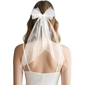 🆕 Women Blue Embroidered Bride to Be Veil Bachelorette Party Tulle Pearl Bow